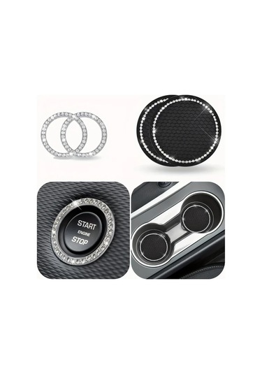 Sunshine011 2 Adet Araç Elmas Tabanlı Paspas + 2 Adet Tek Tuşla Start Dekor Halkası Pembe Pembe