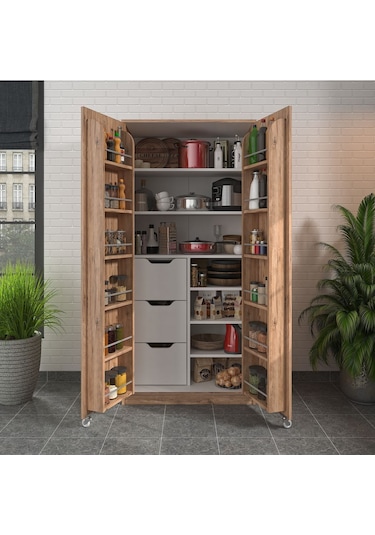 90 Derece Açılabilir 2 Kapaklı, 3 Çekmeceli, Kavanoz Raflı Kiler Ve Erzak Mutfak Dolabı Atlantik Çam