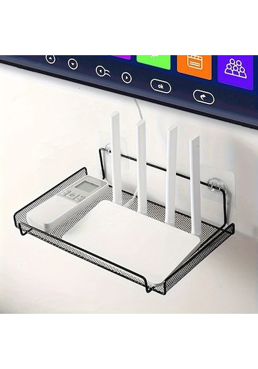 Sunshine011 Siyah Modern Duvar Tipi Router Rafı, Havalandırmalı Mesh Saklama Ünitesi Siyah