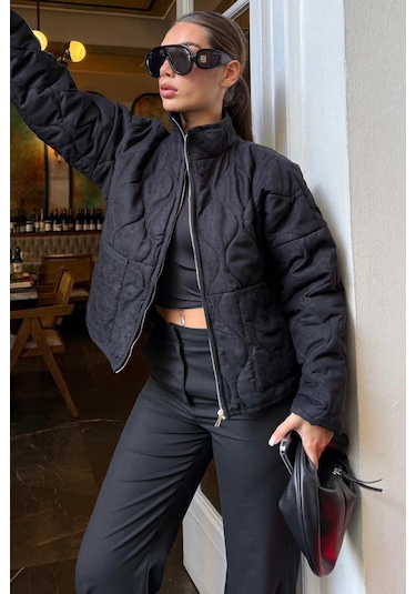 Siyah Dik Yaka Kapitone Kadın Mont Mg2568 Siyah