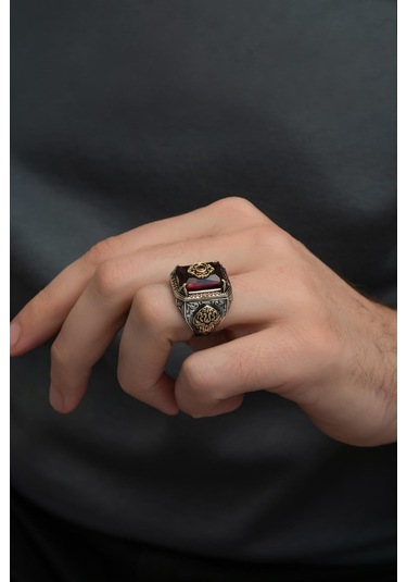 Kırmızı Taşlı Çiçek Motifli 925 Gümüş Erkek Yüzük