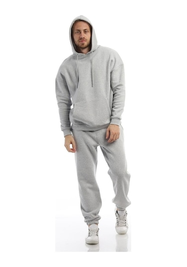Erkek Kapüşonlu Kanguru Cepli Sweatshirt Gri Melanj