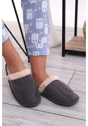 Wordex U050 Unisex Kışlık Ev İçi Terliği Kürklü Yünlü Terlik Gri