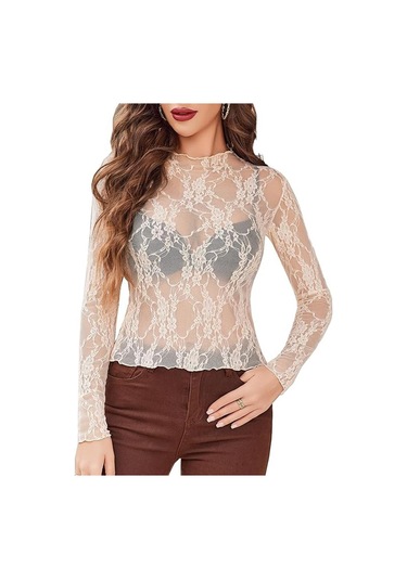 Kadın File Üst Uzun Kollu Balıkçı Yaka Şeffaf Bluz Şeffaf Çiçek Dantel Üstler Kayısı