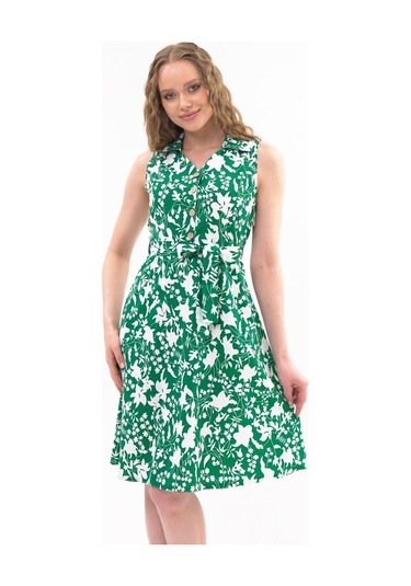 Apsen Kadın Zümrüt Yeşil Düğme Detaylı V Yaka Cotton Elbise 4405-105 Zümrüt Yeşili