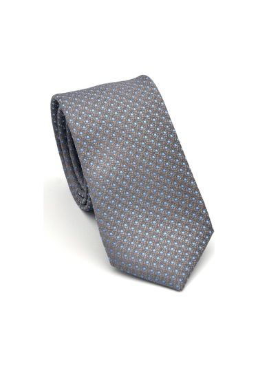 Mavi Nokta Desenli Gri Dokuma Kumaş Mendilli Slim Fit Kravat // Sdk-2510-4 Gri