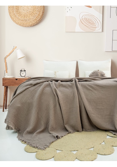 4 Katlı Müslin Yatak Örtüsü - Açık Gri Renk Çift Kişilik Pike Açık Gri