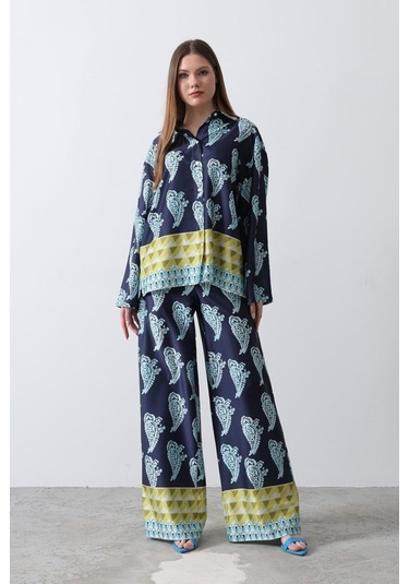 Desenli Saten Bol Takım - İndigo İndigo