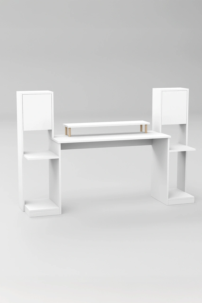 Throne Dolaplı, Kitaplıklı, Raflı Çalışma Masası, Bilgisayar Masası, Çocuk Çalışma Masası Beyaz Beyaz