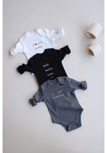 3lü Nakışlı Çıt Çıtlı Uzun Kollu Body Zıbın Set Model 7 Siyah