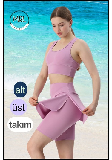Kadın Takım Alt - Üst Biker Şort Diz Üstü &crop Bra Ped Destekli Denizde Havuzda Sporda Llia Lila