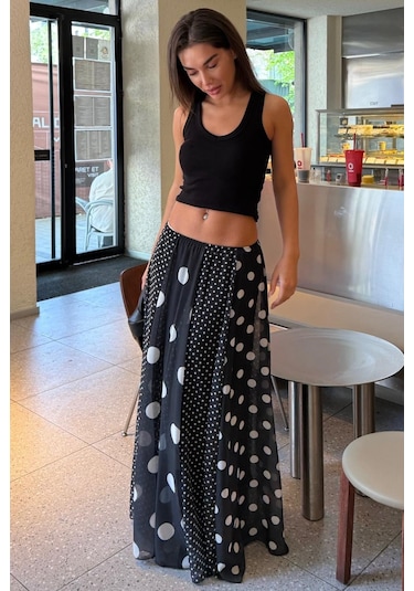 Madmext Siyah Çoklu Puantiye Desen Maxi Etek Mg2839