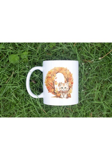 O Harf Sonbahar Yaprak Temalı Kupa Bardak - Sevimli Figürler İle Alfabe Harfli Bardak - Kişiye Özel Beyaz