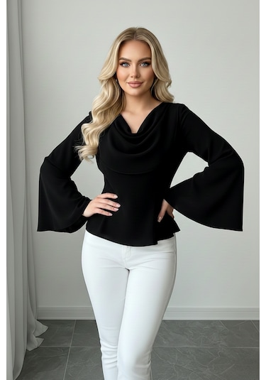 Khi-zai Kadın Degaje Yaka Şehirli Stil Bluz Siyah