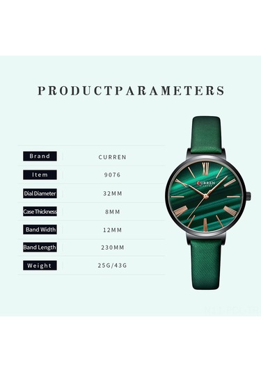 Padalink Curren Kadın Kuvars Saat, 3atm Su Geçirmez, Zümrüt Rengi Ağı Tel Bantlı, Altın Kasa, Klasik Tasarım, Kol Saati Gold