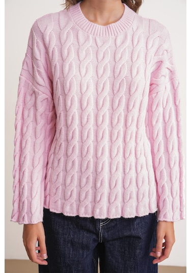 6973 Kadın Saç Örgülü Regular Basic Triko Kazak Pembe Pembe