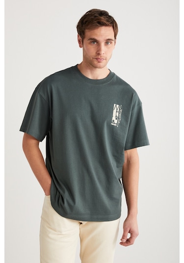 Antonıo Erkek Baskı Detaylı %100 Organik Pamuk Örme Oversize Yeşil T-shirt