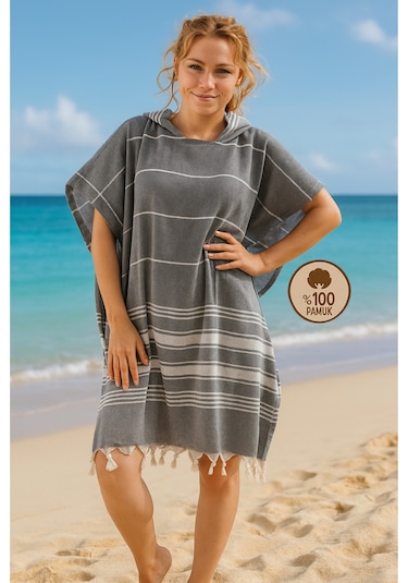 %100 Pamuk Yetişkin Peştemal Panço Bornoz Plaj Havlusu Gri L-xl Gri
