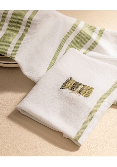 Asperge 2'li Nakışlı Kurulama Bezi - Beyaz/yeşil 8684427202203 Çok Renkli