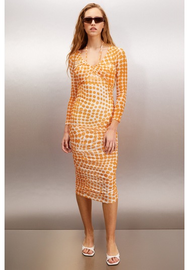 Anatola Kadın Tül Mesh Kumaşlı Puantiyeli Boyundan Bağlamalı Turuncu /desenli Elbise
