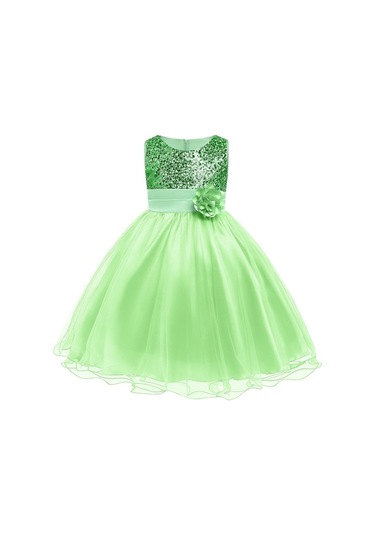 Kız Çocuk Pullu Payetli Abiye Elbise-Yeşil