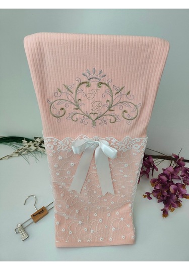 Pembe Kız Bebek Battaniyesi %100 Pamuklu Şık Dantelli Nakışlı Doğal Organik Uyku Örtüsü Yenidoğan Somon