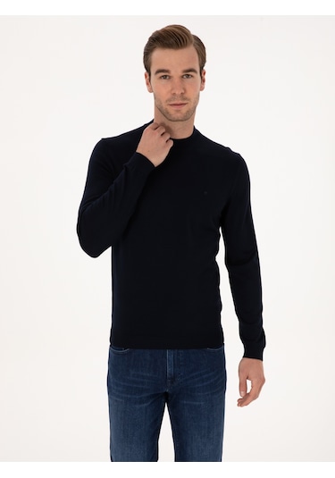 Cacharel Lacivert Slim Fit Yün Karışımlı Çeyrek Balıkçı Basic Triko Kazak