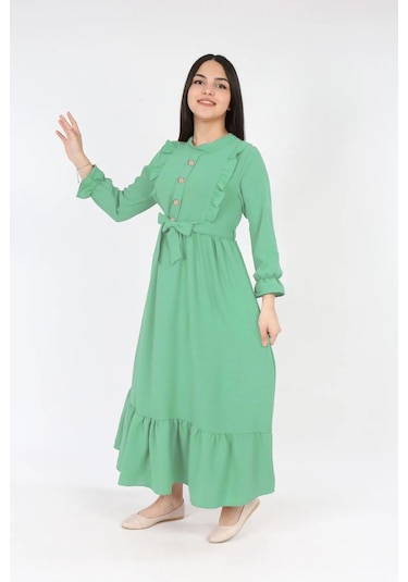 Kız Cocuk Uzun Elbise Aerobin Keten Kumaş Tesettür Uzun Boydan Elbise Fıstık Yeşil