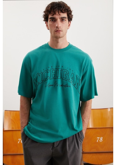 GRIMELANGE Norıs Erkek Regular Fit %100 Pamuk Baskılı Yeşil T-shirt Yeşil