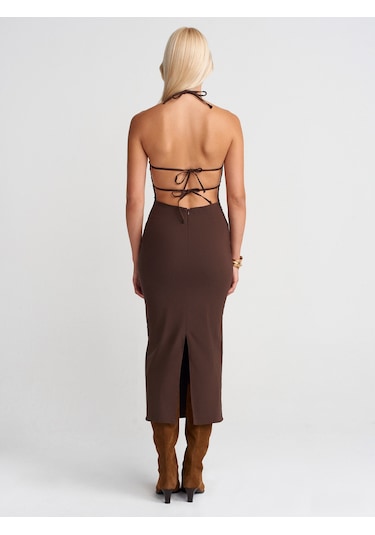 Dilvin 91518 Halter Yaka Midi Elbise-kahve Kahve