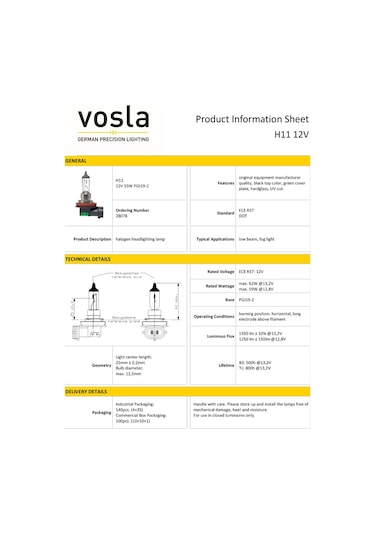 Vosla 12v H11 Ampul 55w Pgj19-2 Vs28078 2 Li