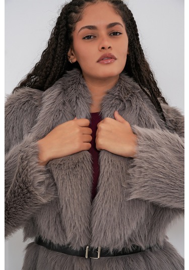 Kadın Kemerli Oversize Kürklü Kaban 9156 - Füme Füme