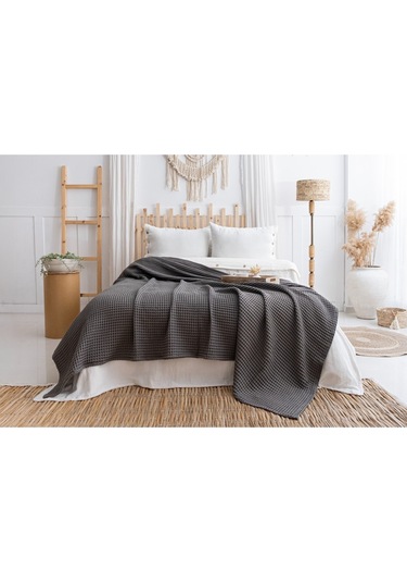 - % 100 Pamuk Çift Kişilik Pike - 210 X 230 Cm Pike - Waffle Pike Siyah