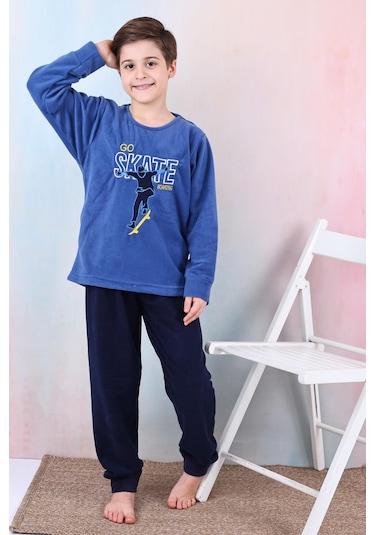 Yeni Sezon Sonbahar/kış Erkek Çocuk Skate Desenli Polar Pijama Takımı 4515 Mavi