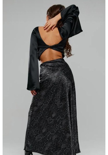 Madmext Siyah Desenli Saten Kadın Uzun Etek Mg2333 Siyah