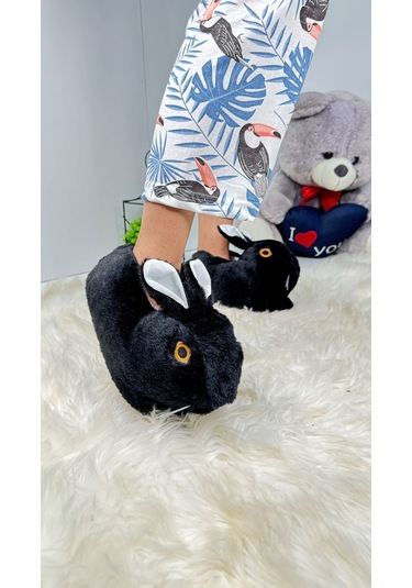 Kadın Panduf Tavşan Figürlü Peluş Ev Botu Desenli Düz Taban Rahat Hafif 359 Siyah