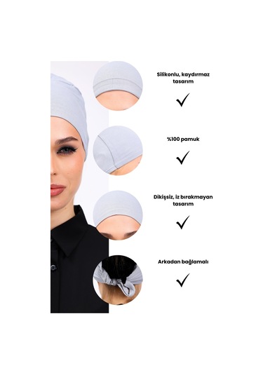 Kaymayan Silikonlu Dikişsiz Bone Açık Gri - Kaymaz Kadın Tesettür Bağlamalı İç Bone Açık Gri