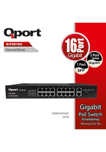 Qport Q-poe16g 16port 10/100/1000 + 2 Port 10/100/1000 Uplınk Poe