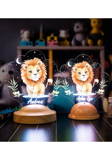 Sevimli Aslan Tasarımlı İsimli Çocuk Odası Gece Lambası, Aslan Bebek Doğum Günü Hediyesi Led Lamba