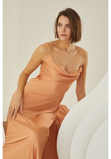 Nbb Kadın Somon Taşlı Silky Uzun Gecelik Somon