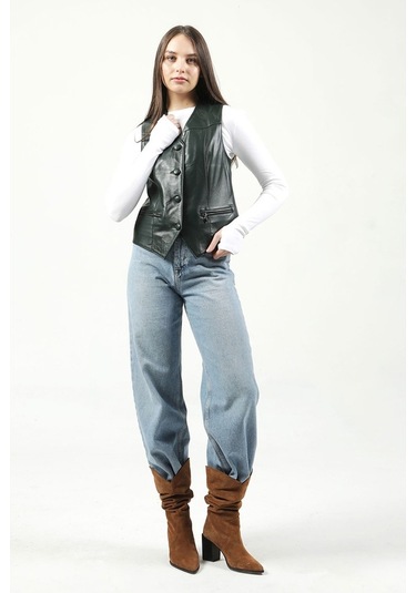 Dericlub Dc-001 Hakiki Deri Kadın Yelek Yeşil