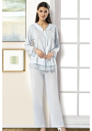 Xses 2180 Kadın Uzun Kolu Hamile Lohusa Pijama Takımı-mavi