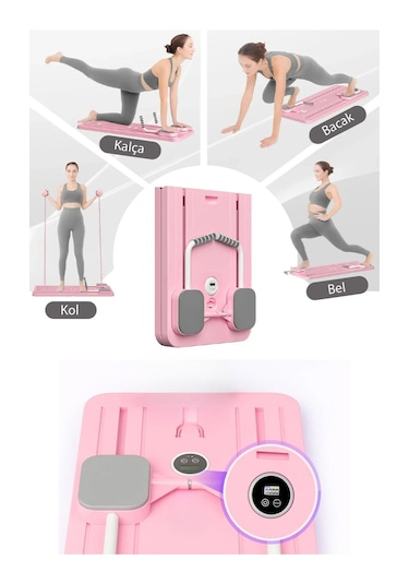 Pilates Aleti Zamanlayıcılı, Direnç Bantlı Çok Amaçlı Egzersiz Tahtası Açık Pembe