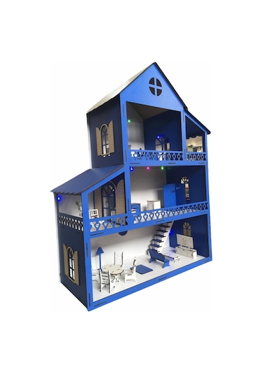 Ahşap Oyun Evi 80Cm 21 Eşya Mavi Led Işıklı