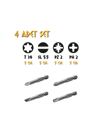 Kupa Tyson Bits Uç Seti 4 Parça - Ph2 - Pz2 - Düz - Tork - 5 Cm.
