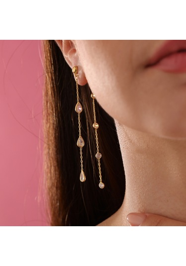 Queen Silver Jewelry 925 Ayar Gümüş. Damla Ve Yuvarlak Zirkon Taş Sallantılı Küpe Altın