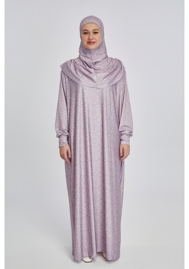 Pratik Tek Parça Çiçek Desenli Namaz Elbisesi Pembe