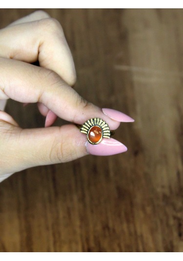 Doğal Taş Akik Yuvarlak Doğal Taşlı Antik Model Kadın Ayarlanabillir Yüzük Euy82a Kırmızı