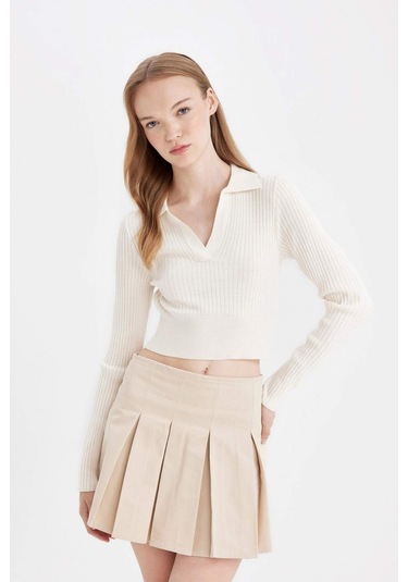 Defacto Coool Piliseli Normal Bel Basic Düz Gabardin Mini Etek D5265AX24AUER42 Ekru