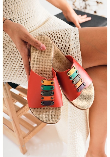 Hakiki Deri Nicola Kırmızı Hasır Tabanlı Renkli Tokalı Terlik 001